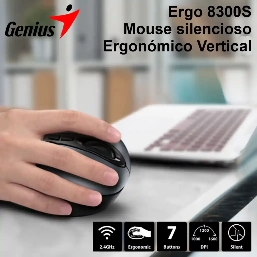 Mouse Vertical Genius Ergo 8300s Inalámbrico 7 Botones, Gris