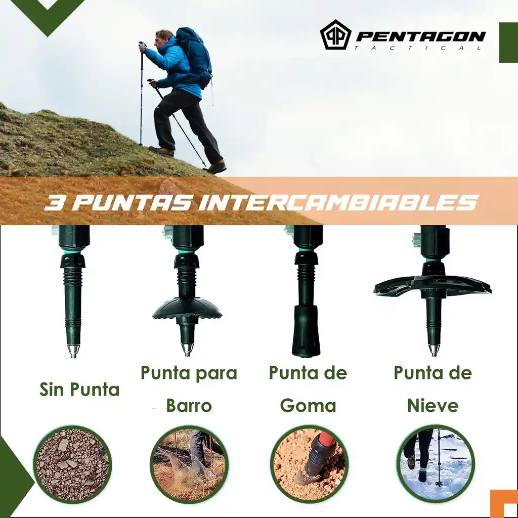 Baston Trekking Senderismo X2 Pentagon Aluminio + Accesorios