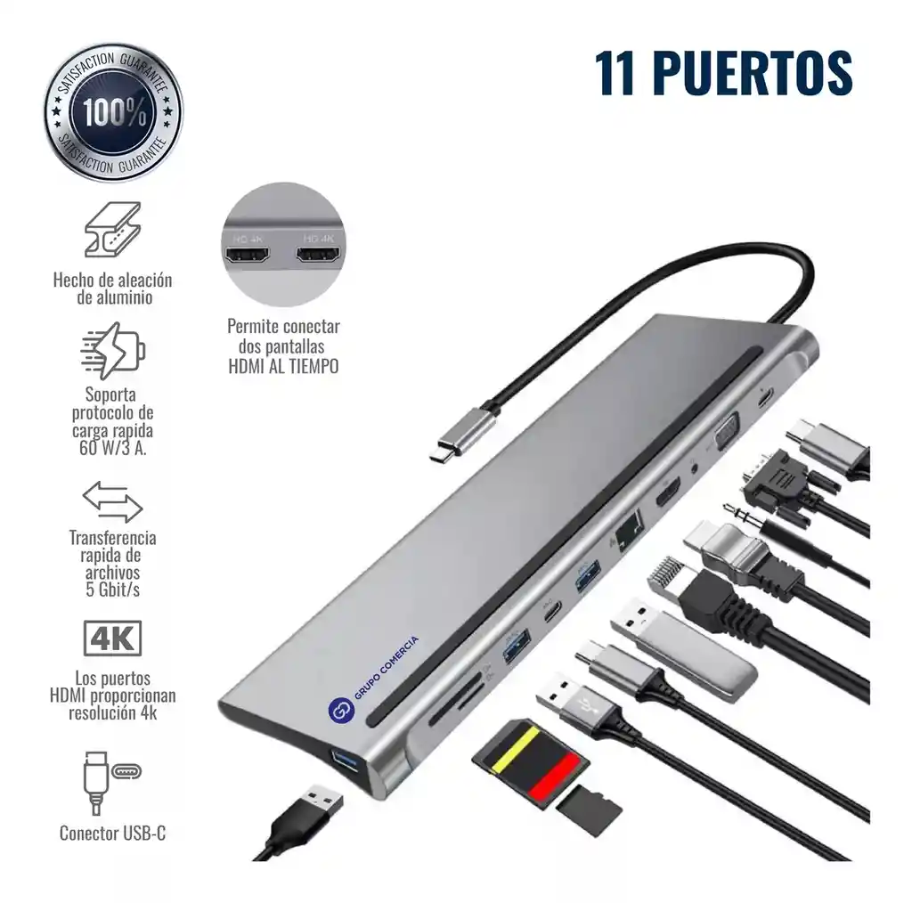 Hub Multipuertos Usb C 11 En 1 Red Gigabit Hdmi 4k Soporte