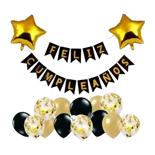 Kit Decoración Feliz Cumpleaños Dorado Negro Banderin 17 Pcs