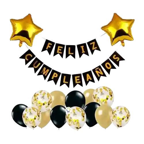 Kit Decoración Feliz Cumpleaños Dorado Negro Banderin 17 Pcs