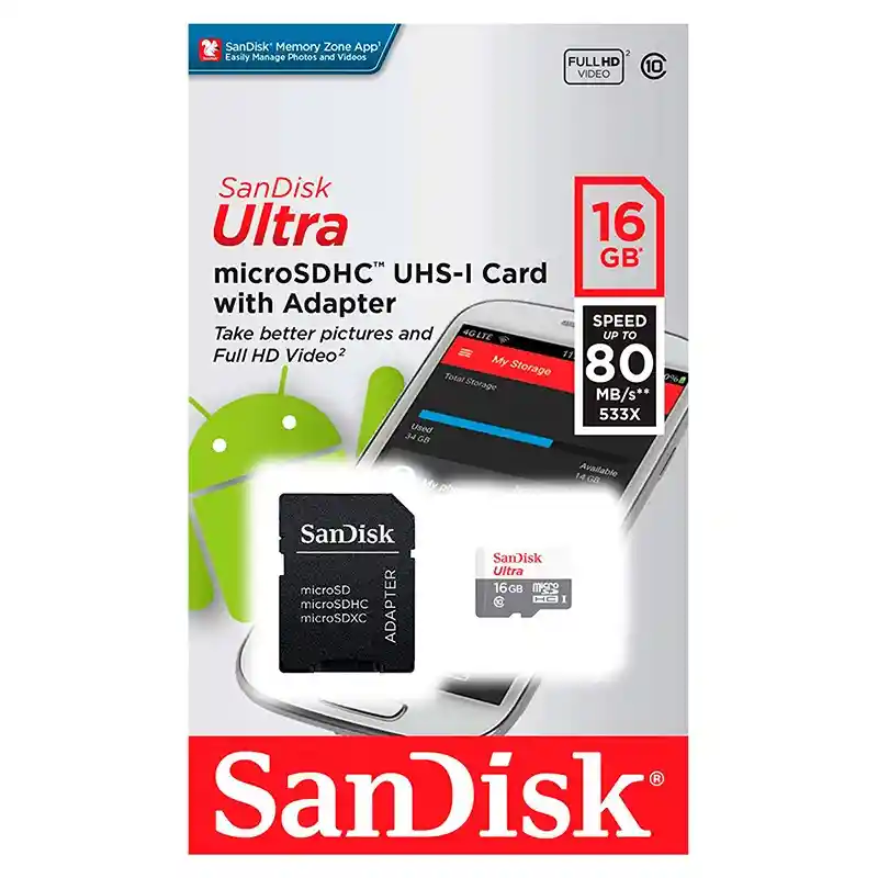 Tarjeta De Memoria Micro Sd 16gb Sandisk Original Full Hd Video 80 Mb/s Real