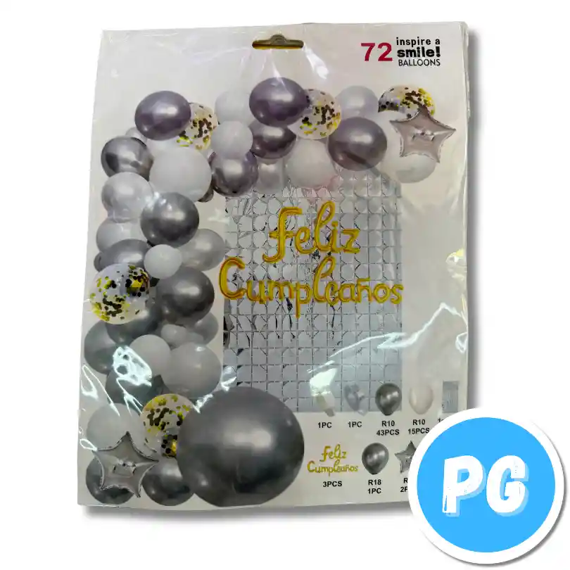 Kit De Decoracion De Feliz Cumpleaños 70 Piezas (aviso Inflable Feliz Cumpleaños, 2 Cintas, 53 Bombas R10 2 Colores, 2 Estrellas Inflables, 1 Bomba R18, 5 Bombas R12 Decoradas Y 5 Bombas R10 Metalizadas)