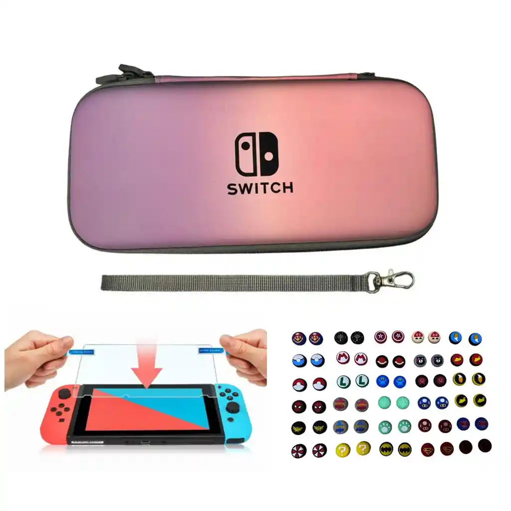 Estuche Rígido Rosa/lila Pastel + Vidrio + 2 Grips Para Nintendo Switch