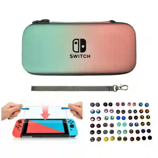 Estuche Rígido Rosa/ Azul Pastel + Vidrio + 2 Grips Para Nintendo Switch