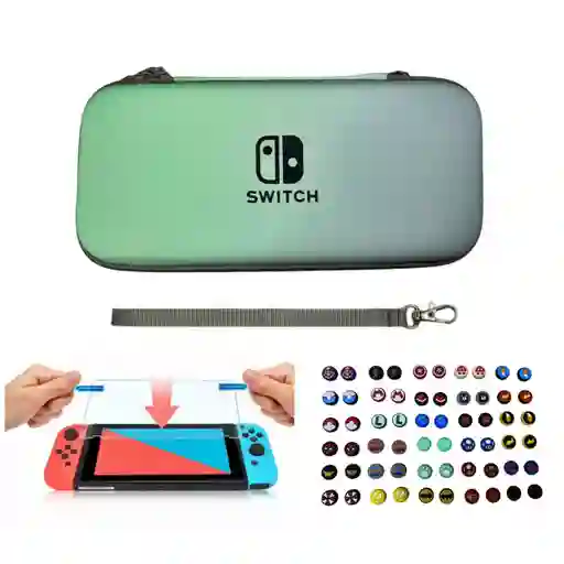 Estuche Rígido Azul/ Verde Pastel + Vidrio + 2 Grips Para Nintendo Switch