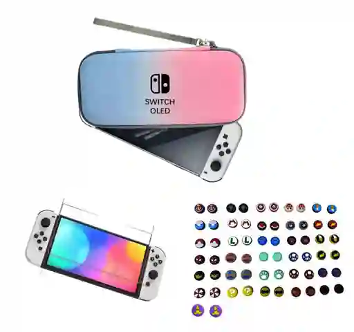 Estuche Rígido Rosa/ Azul Pastel + Vidrio + 2 Grips Para Nintendo Switch Oled