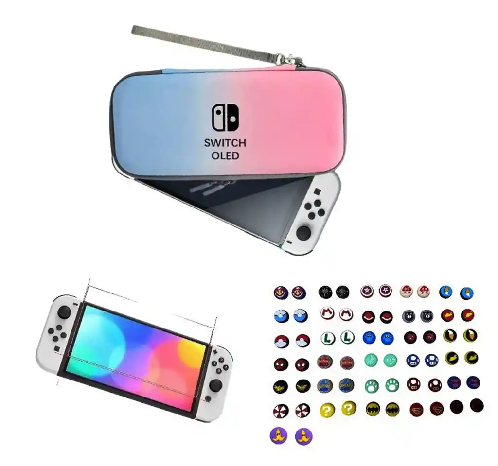 Estuche Rígido Rosa/ Azul Pastel + Vidrio + 2 Grips Para Nintendo Switch Oled