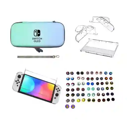 Estuche Rígido Azul/ Verde Pastel + Acrilico + Vidrio + 2 Grips Para Nintendo Switch Oled