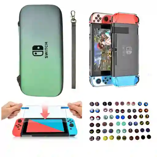 Estuche Rígido Azul/ Verde Pastel + Acrilico + Vidrio + 2 Grips Para Nintendo Switch