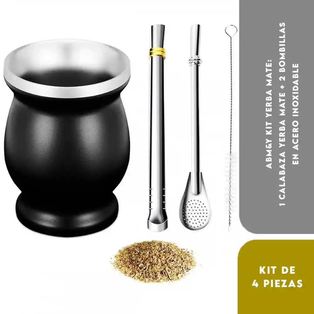 Abmy Kit Yerba Mate: 1 Calabaza Yerba Mate + 2 Bombillas En Acero Inoxidable + 1 Cepillo De Limpieza, Color Negro 8 Oz (240 Ml)
