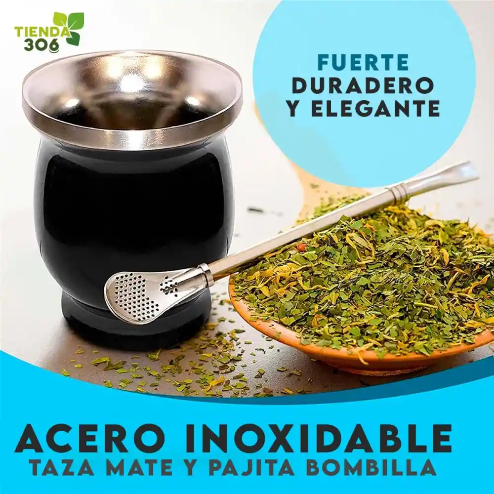 Abmy Kit Yerba Mate: 1 Calabaza Yerba Mate + 2 Bombillas En Acero Inoxidable + 1 Cepillo De Limpieza, Color Negro 8 Oz (240 Ml)