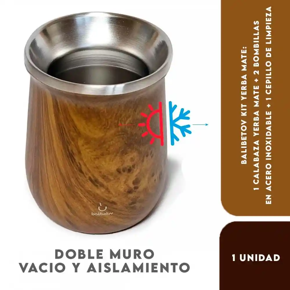 Balibetov Kit Yerba Mate: 1 Calabaza Yerba Mate + 2 Bombillas En Acero Inoxidable + 1 Cepillo De Limpieza, Color Madera
