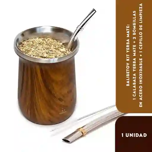 Balibetov Kit Yerba Mate: 1 Calabaza Yerba Mate + 2 Bombillas En Acero Inoxidable + 1 Cepillo De Limpieza, Color Madera