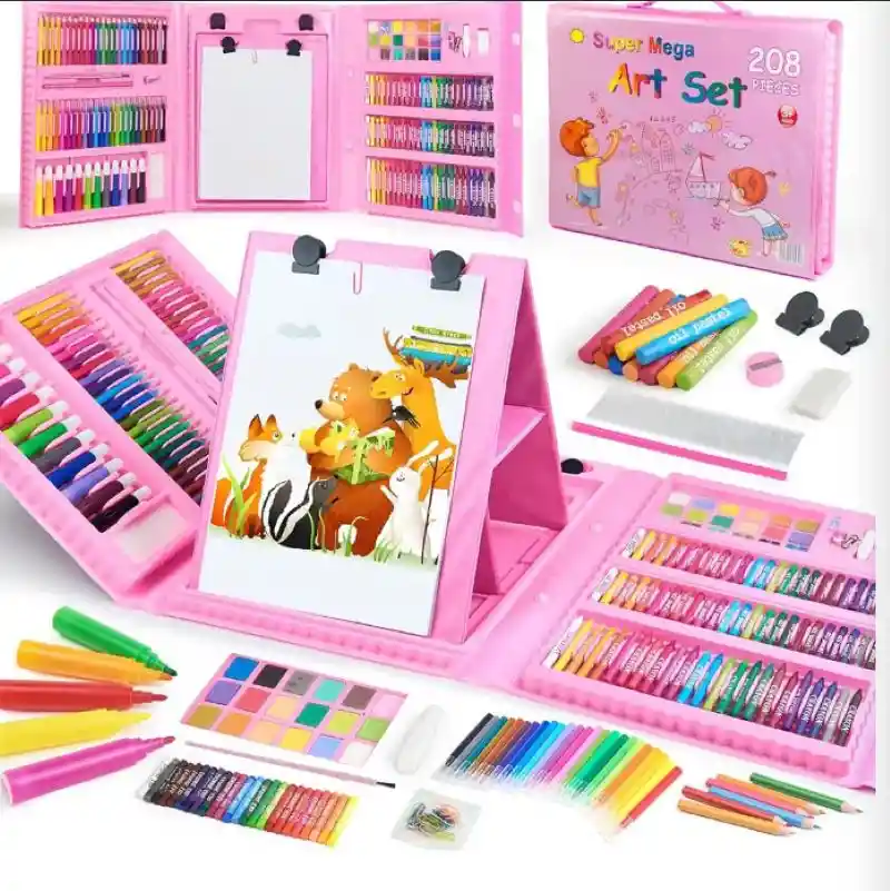 Kit De Arte Para Niños 208 Piezas Maleta Con Caballete Crayón Acuarela Plumón Pinturas Regalo Juguete Navidad Niñas /os/