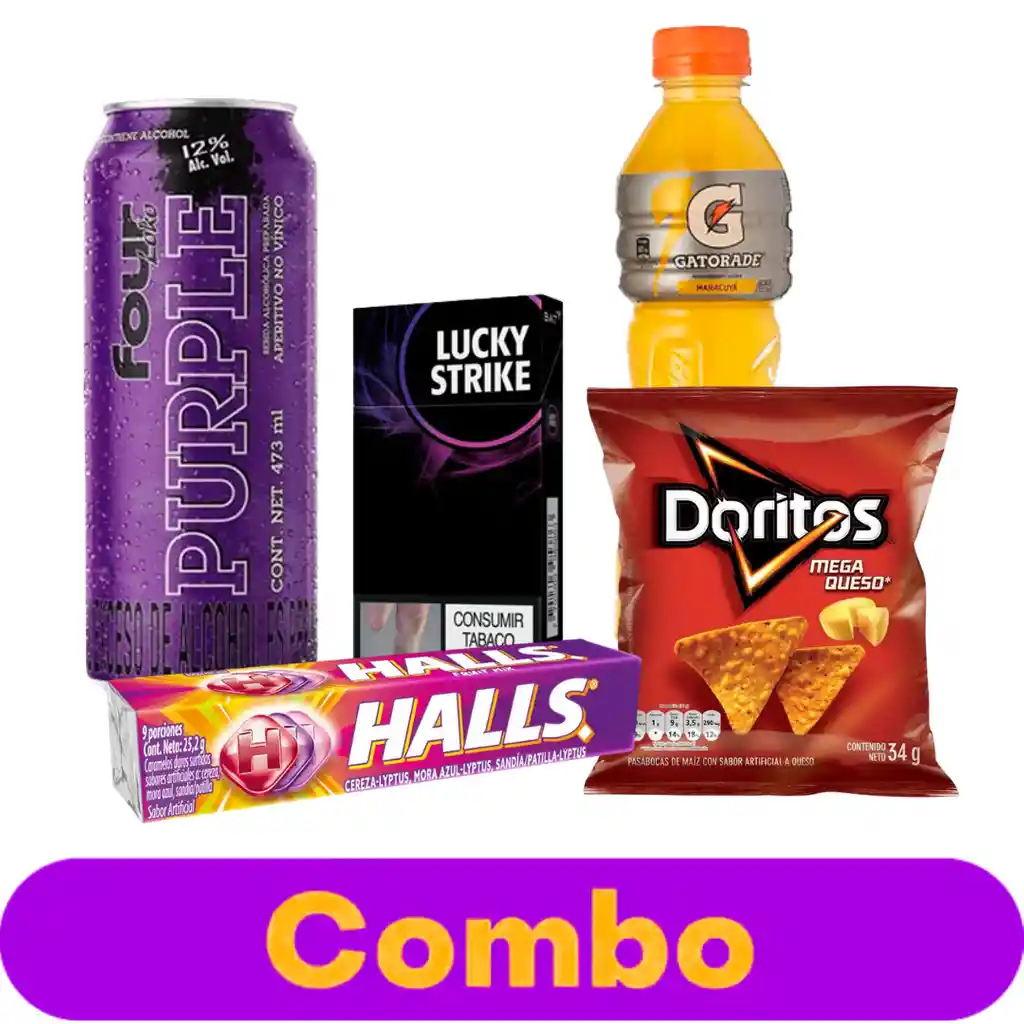 Combo Four Loko Purple + Lucky Mora Ice + Gatorade + Doritos + Halls
