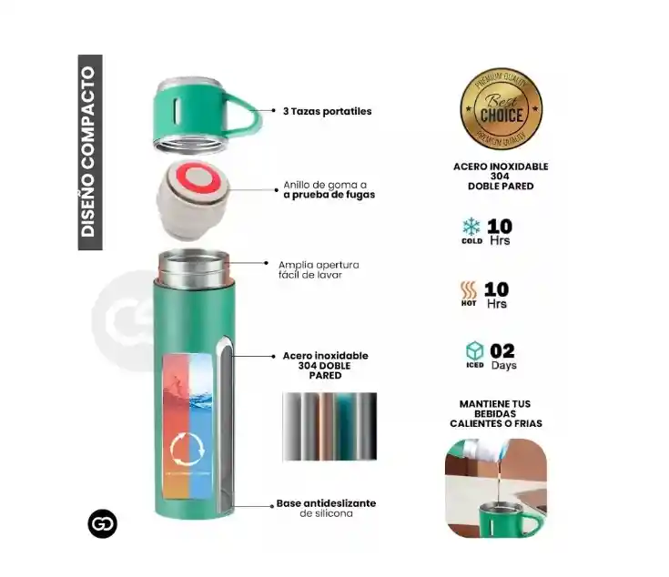 Termo 500ml Acero Inoxidable Térmico +3 Tazas Estuche Regalo