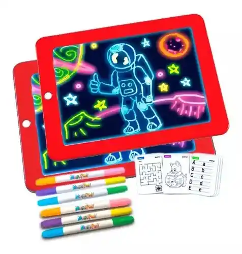 Tablero De Dibujo Luz Led Magic Pac + 6 Marcadores+ Platilla