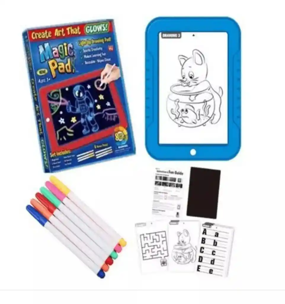 Tablero De Dibujo Luz Led Magic Pac + 6 Marcadores+ Platilla