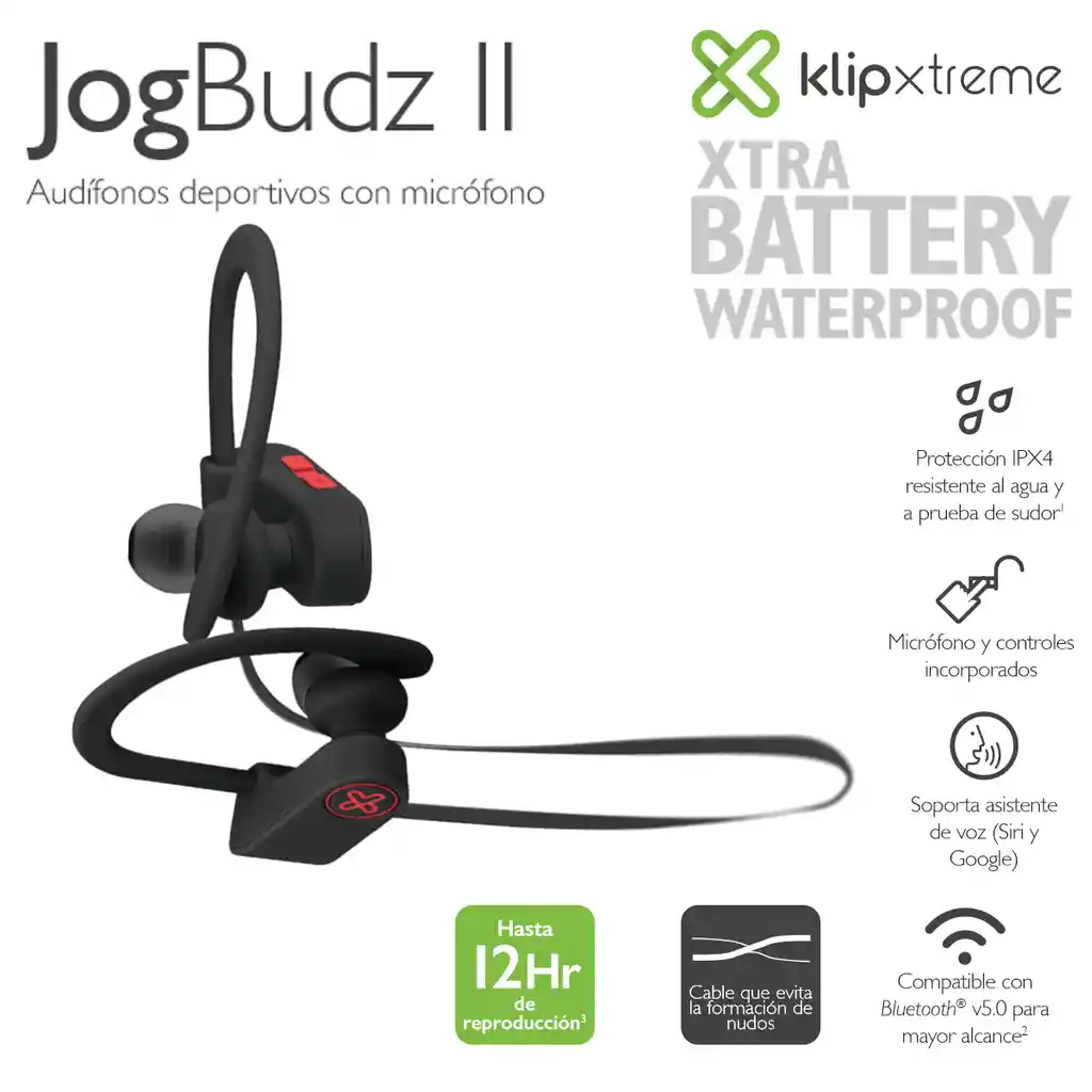 Audífonos Deportivos, Klip Xtreme Jogbudz Ii Ksm-150bk Bt 5.0