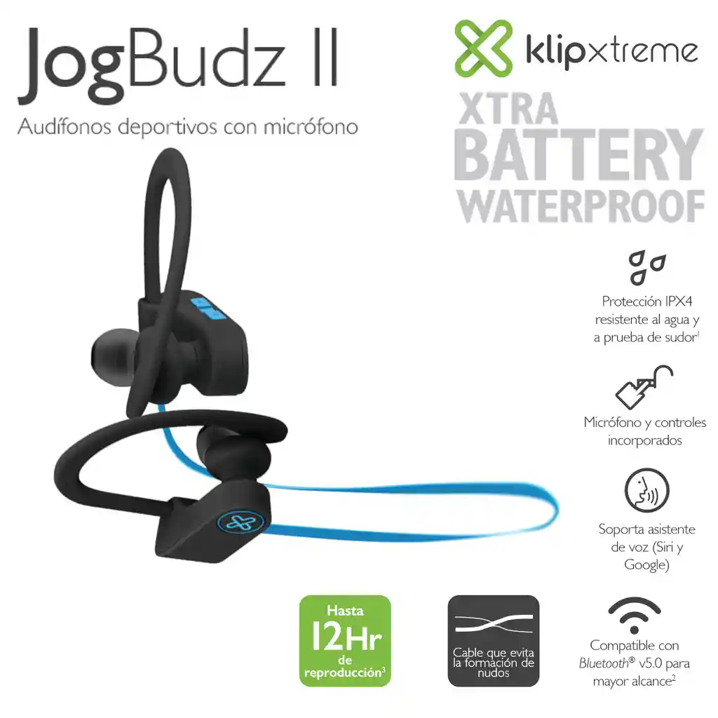 Audífonos Deportivos, Klip Xtreme Jogbudz Ii Ksm-150bl Bt 5.0