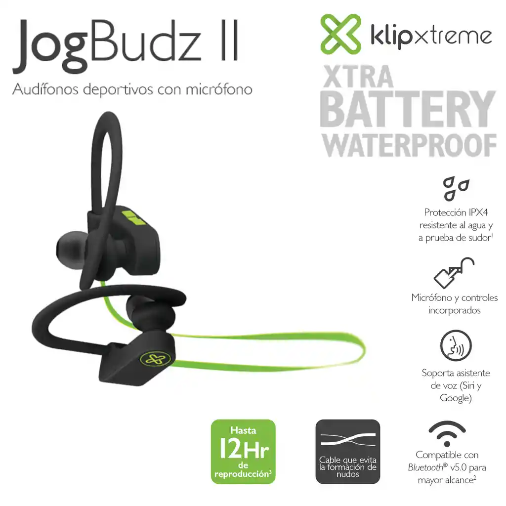 Audífonos Deportivos, Klip Xtreme Jogbudz Ii Ksm-150gn Bt 5.0