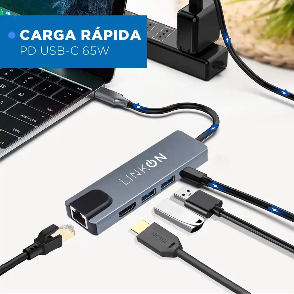 Hub Usb C Adaptador Multipuerto Rj45 5 En 1 Linkon Mac Win