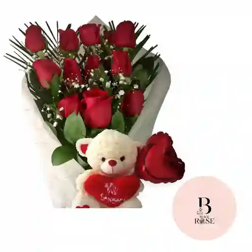 Rosas Rojas, Peluche Pequeño Y Globo En Bouquet