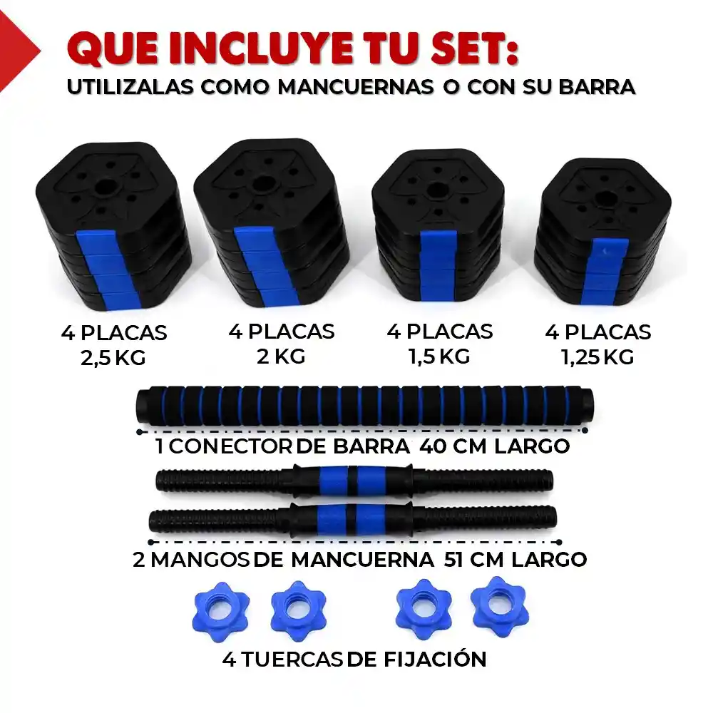 Set Mancuernas Pesas Ajustables Total 30kg + Barra