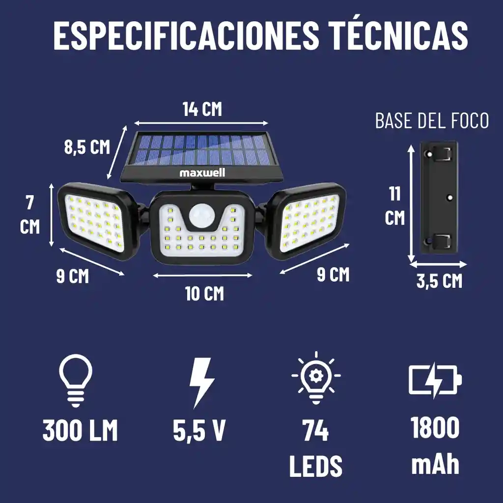 Lampara Solar Led Exterior Maxwell Sensor Movimiento 3 Direc