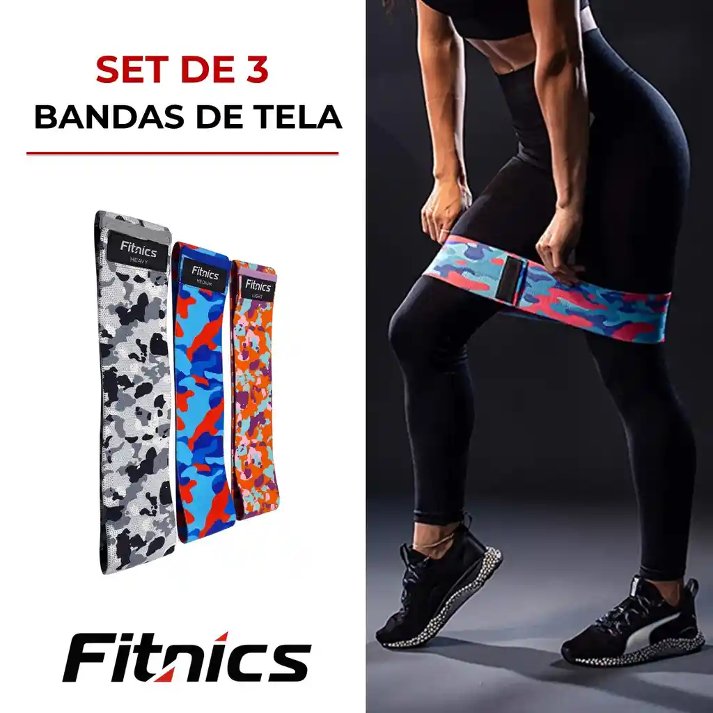 Bandas Elasticas Resistencia Tela Estampada Fitnics Set X 3