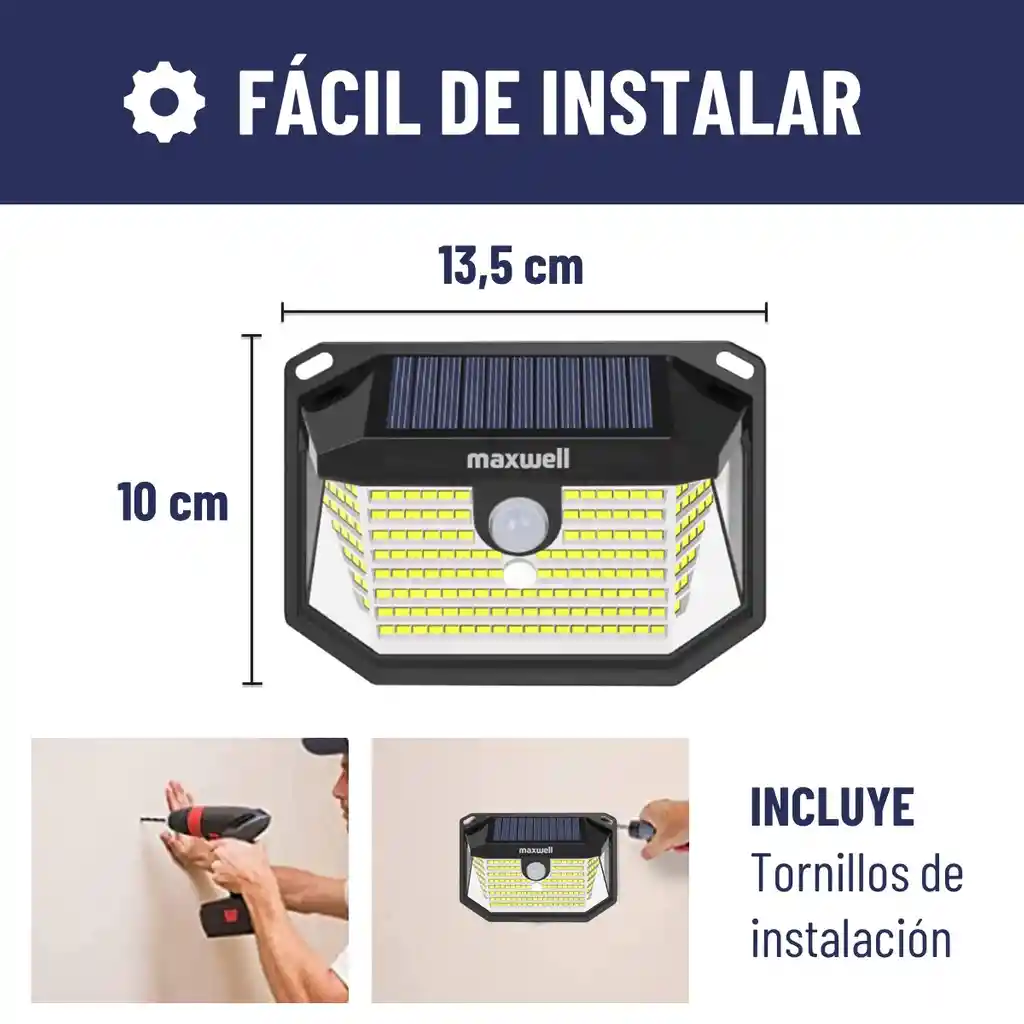 Lampara Solar Led Exterior Pared Maxwell Sensor Movimiento