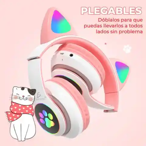 Auriculares Diadema Gato Bluetooth Colorido Led Luminoso