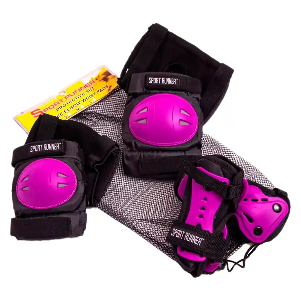 Kit Protección Semipro Rodilleras + Coderas + Manos Niñas Malla Negro/fucsia