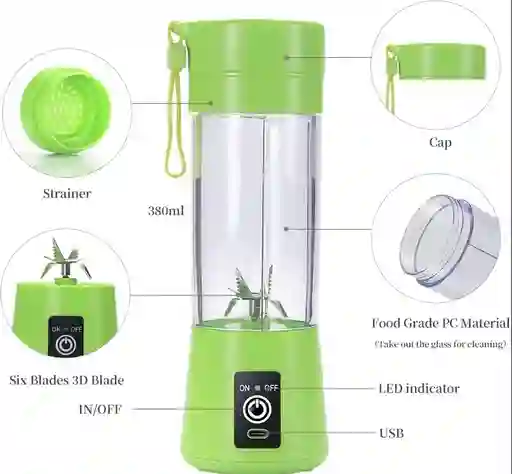 Licuadora Portátil Verde Para Jugos Y Batidos Personales 380ml