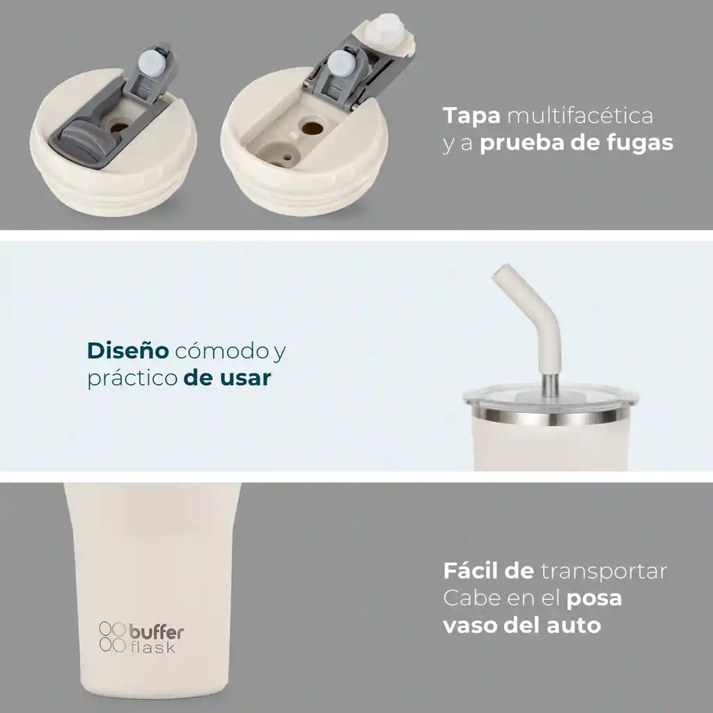 Mug Vaso Termo Agua Café 400ml Buffer Acero Inox + Tapas