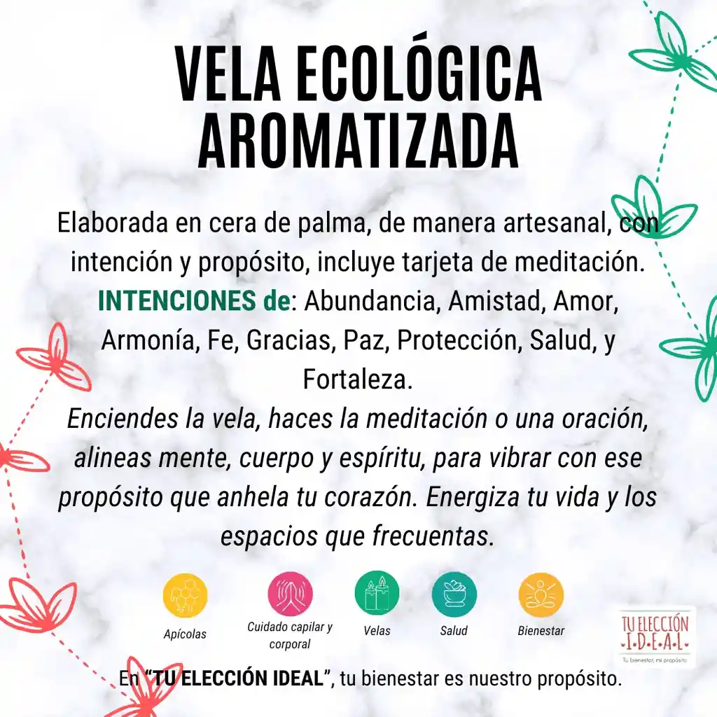 Vela Ecológica De Cera De Palma Aromatizada Con Intención Salud, Incluye Tarjeta De Meditación.