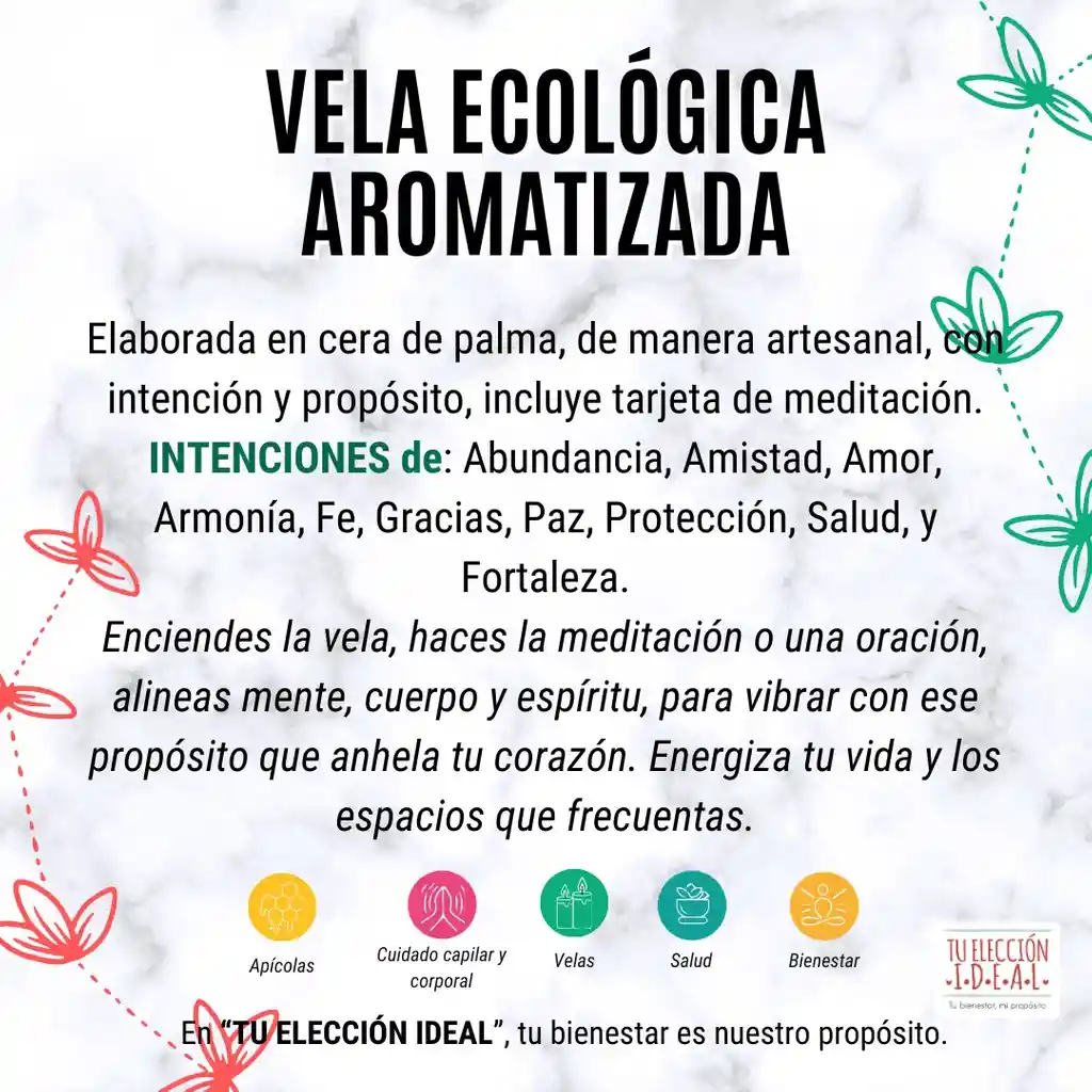 Vela Ecológica De Cera De Palma, Aromatizada, Intención Amor Y Tarjeta De Meditación