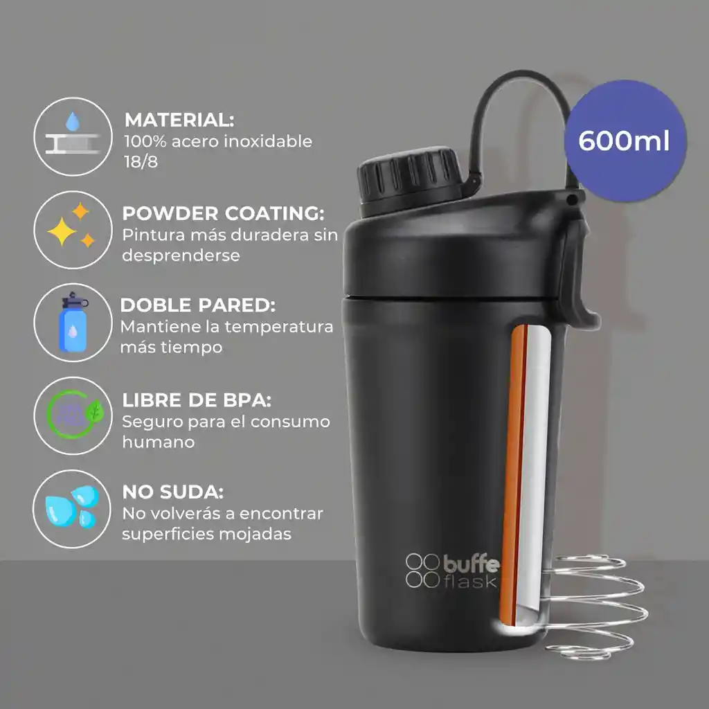 Termo Shaker Mezclador Gym Acero Inoxidable 600ml Buffer