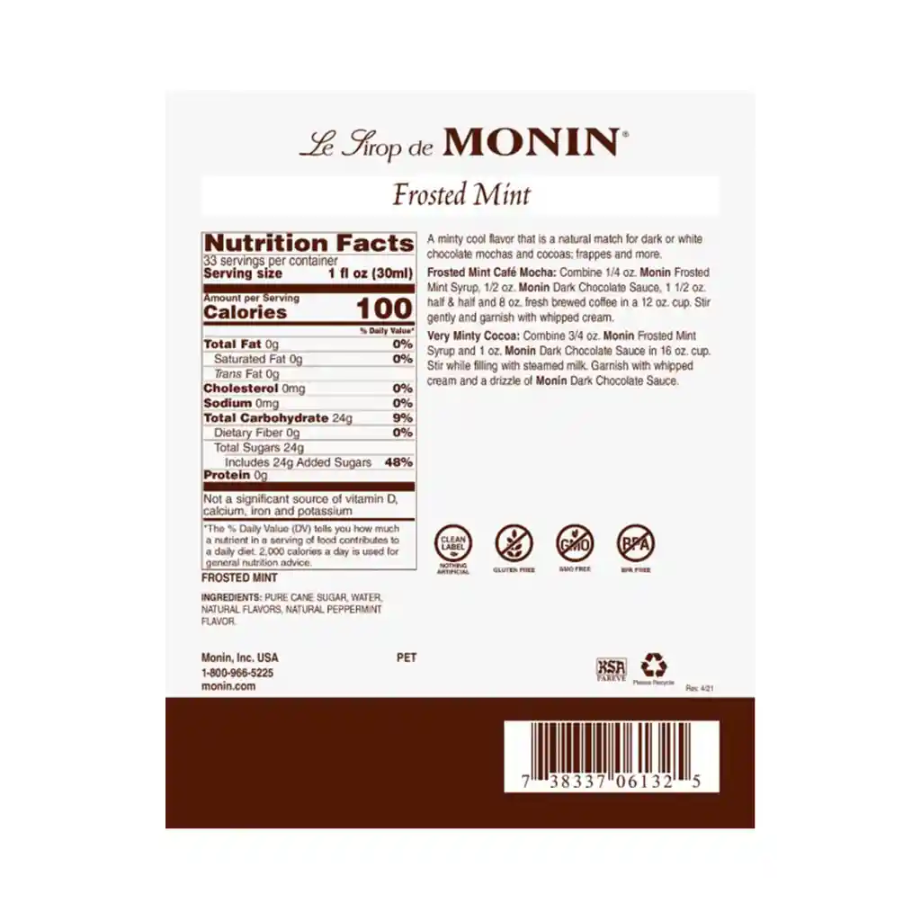 Monin Sirope De Menta Helada - Frosted Mint 750 Ml (25.4 Fl Oz)