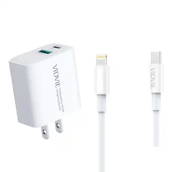 Cargador 20w Carga Rápida Vidvie - Puerto Usb Y Puerto Tipo C (incluye Cable Lightning)