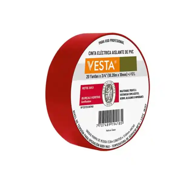Cinta Aislante Roja Certificada, Vesta, 18 Mm X 18,28 Mts