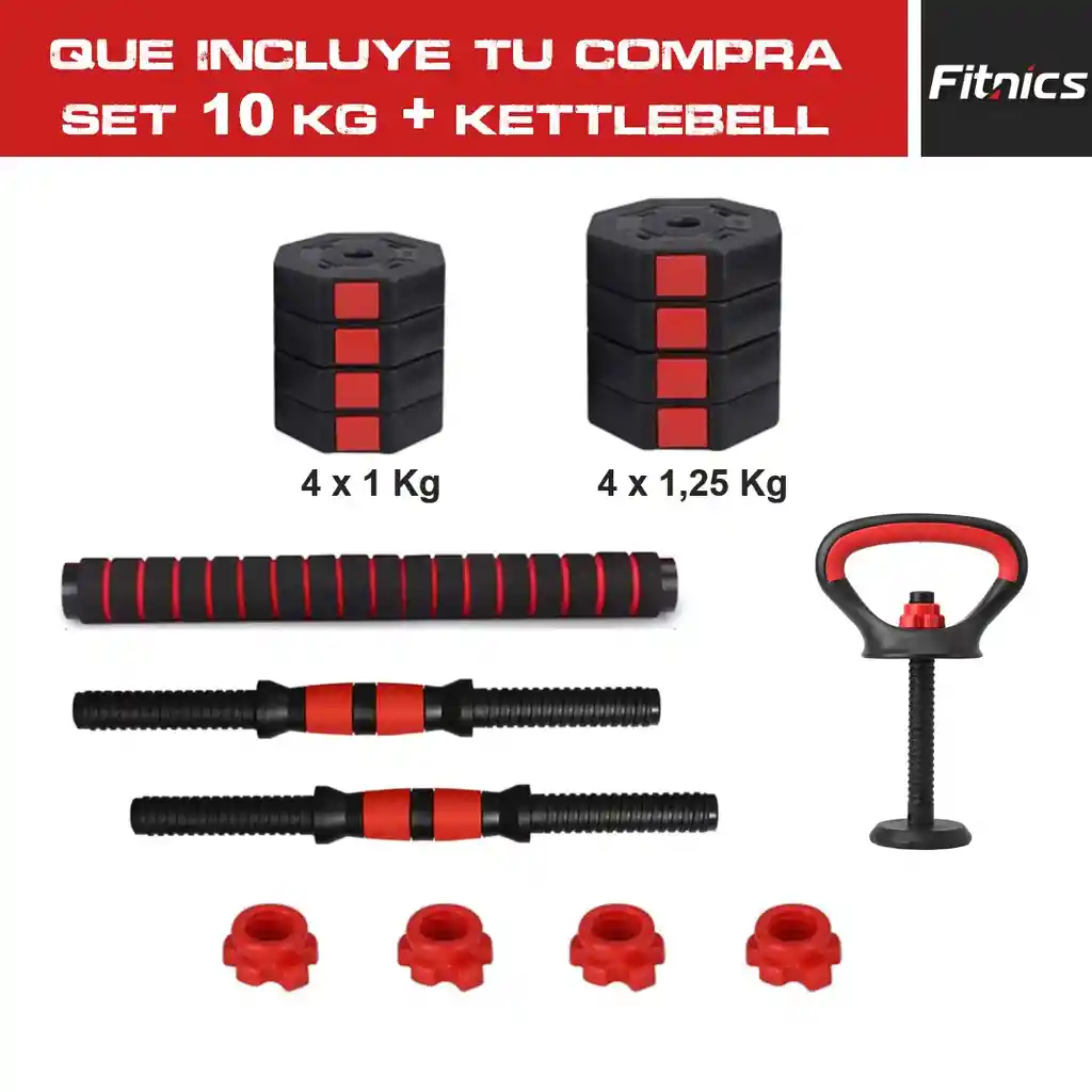 Mancuernas Pesas Ajustables Set 10kg 3en1 +barra +kettlebell