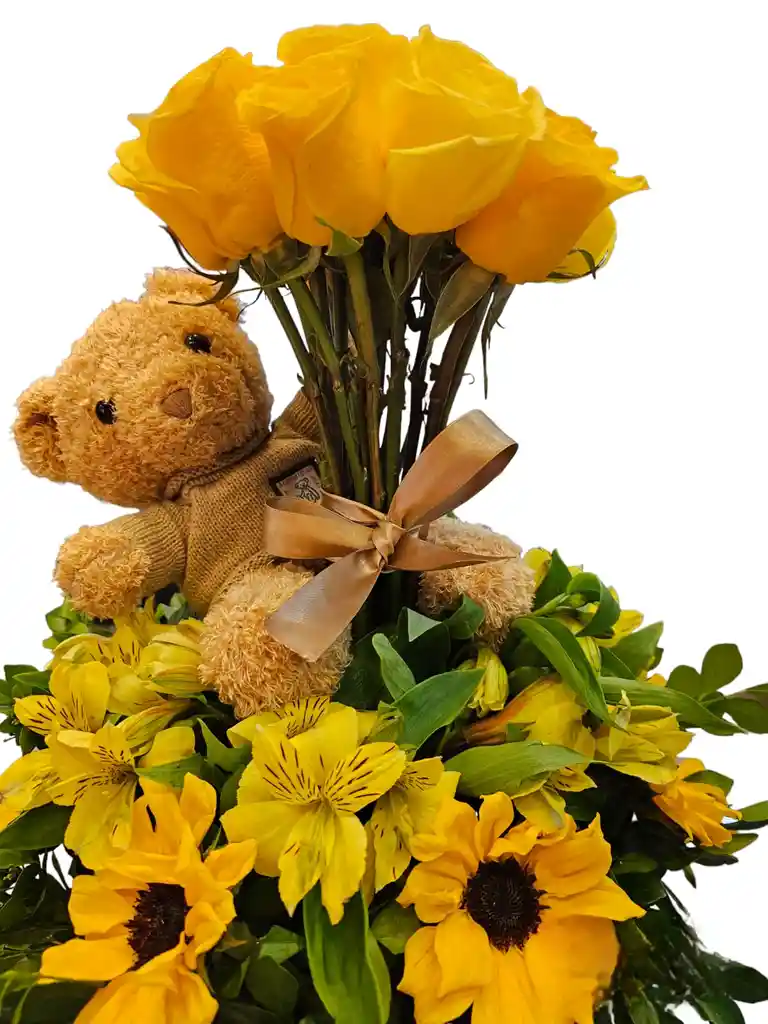 Arreglo Floral Diseño Osito Teddy Con Rosas Y Girasoles