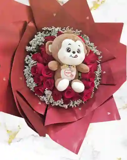 Bouquet De Rosas Rojas Acompañado De Peluche Diseño Mono
