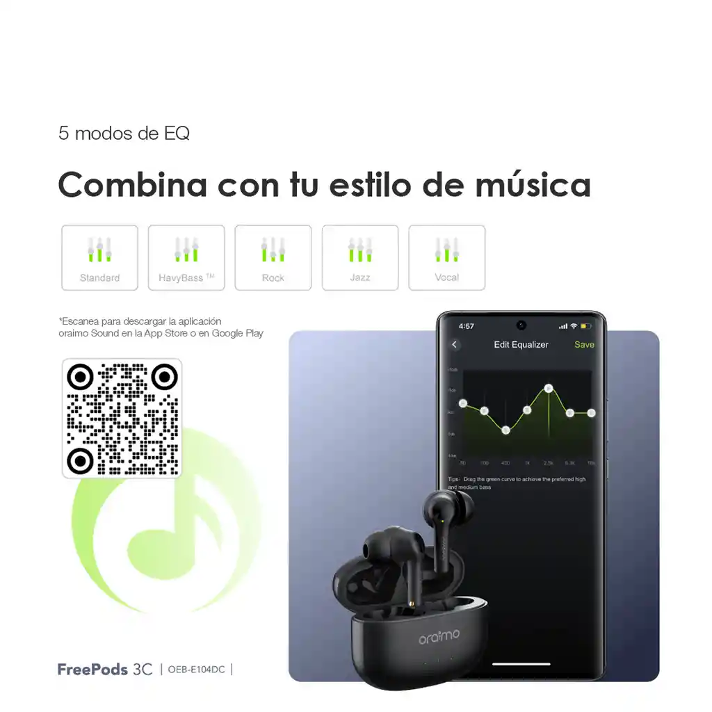 Audífonos Bluetooth 5.3 Iphone Android Oraimo Freepods 3c Negro