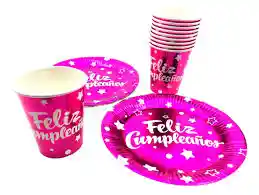 Combo Platos Y Vasos Feliz Cumpleaños Fucsia X10