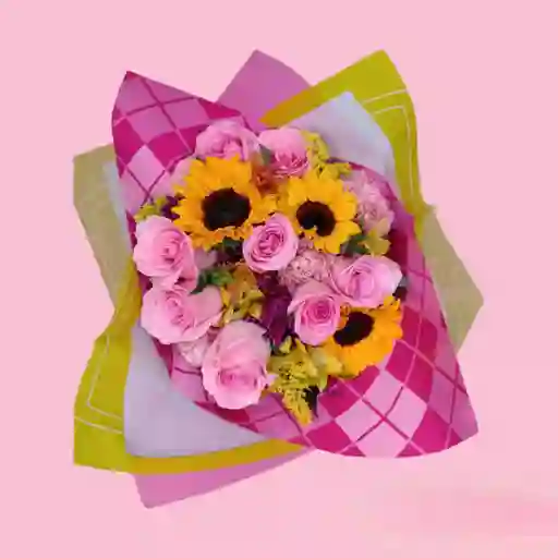 Bouquet De Rosas Rosadas Y Mini Girasoles