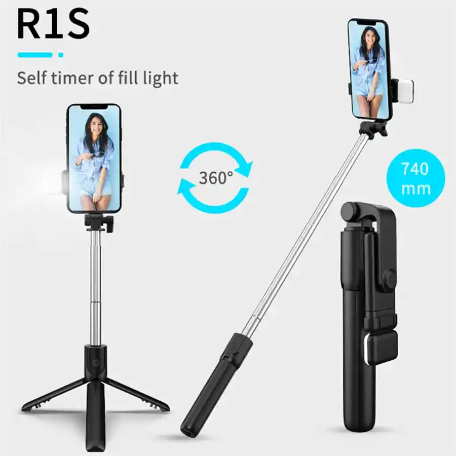 Palo De Selfie Inalámbrico Con Bluetooth, Luz De Relleno Led Negro