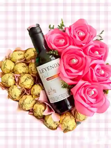 Regalo Corazon Especial Premium Con Vino, Rosas Eternas Rosadas Y Chocolates - Feliz Dia - Regalo Sorpresa - Regalo Cumpleaños - Feliz Dia Mamá